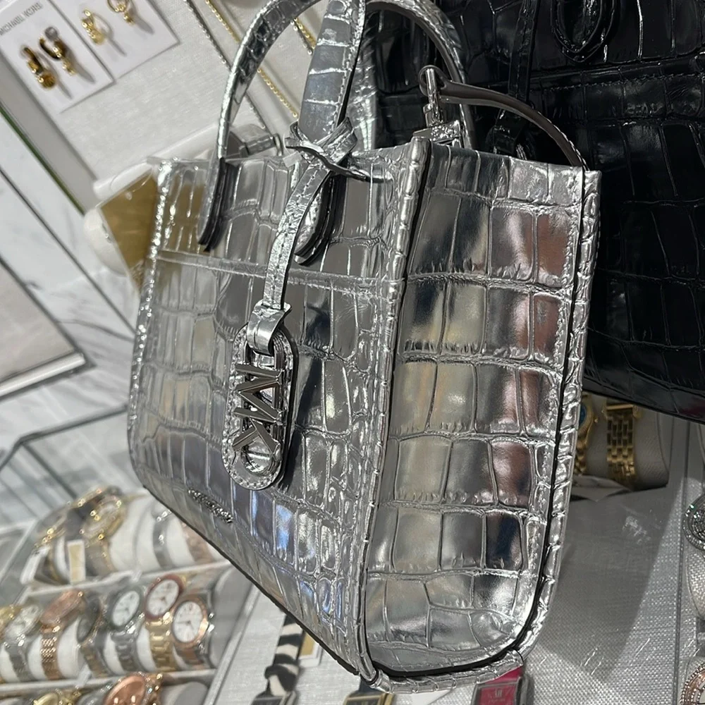 Michael Kors Gigi Small Metallic Crocodile Embossed Leather Messenger Bag Silver